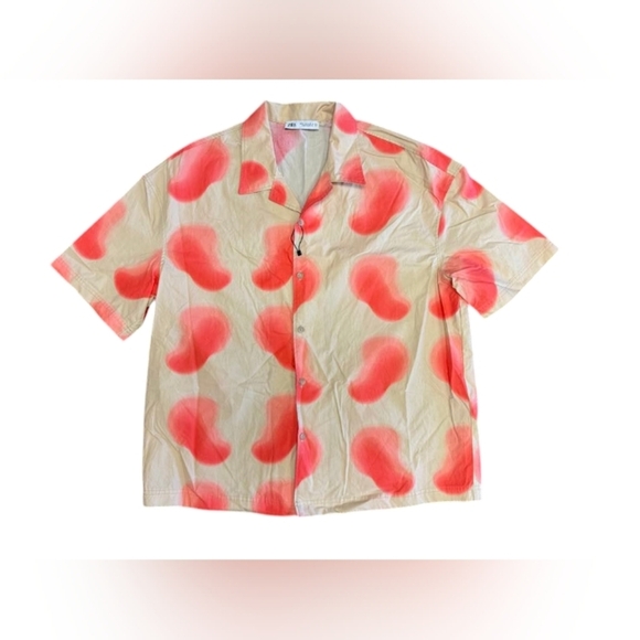 Zara NWOT Button Down Short Sleeve Orange/Creme Size Medium - Picture 3 of 6